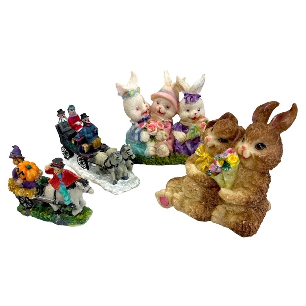 Seasonal decor, figurines, Easter, Halloween/fall and Christmas lot of four